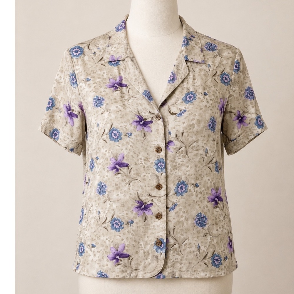 La Cabana Floral Leopard Vintage Button Down‎ Hawaiian Purple Women's Medium